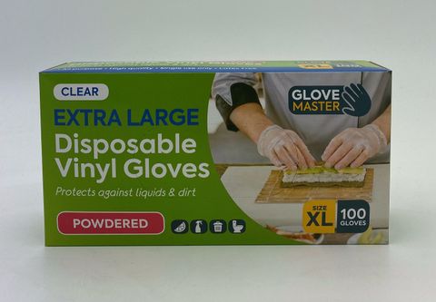 GLOVE MASTER VINYL CLEAR PRE - POWDERED GLOVES - EXTRA LARGE - 100 - PKT