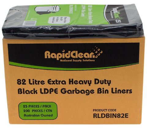 RAPID CLEAN 82L BLACK EXTRA HEAVY DUTY BIN LINERS - 200-CTN