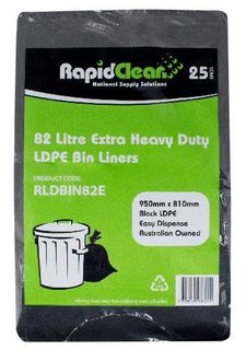 RAPID CLEAN 82L BLACK EXTRA HEAVY DUTY BIN LINERS - 25-PKT