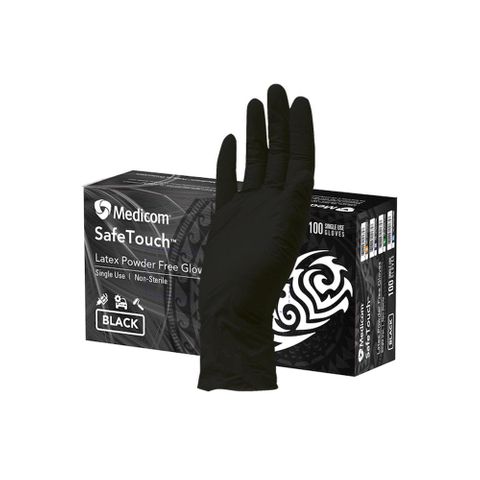 MEDICOM SAFETOUCH BLACK LATEX PF GLOVES - LARGE ( 1158D ) - 100 - PKT