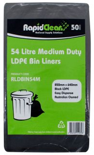 RAPID CLEAN 54L BLACK "MEDIUM DUTY" BIN LINERS - 50-PKT