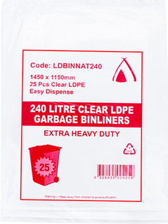 TP 240L NATURAL LDPE EXTRA HEAVY DUTY GARBAGE BIN LINER - 1500mm L x 1150mm W ( LDBINNAT240 )  - 25 - SLV