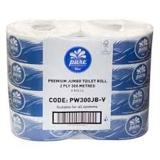 PURE WASHROOM BLUE 2PLY 300MTR JUMBO TOILET ROLLS - 8 ROLLS - BALE