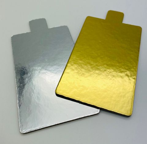 CAKE SINGLE SERVE TAB FOILED BASES - RECTANGLE SILVER & GOLD - 110MM X 65MM - 100 - PKT
