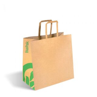 BIOPAK Small Flat Handle Kraft Paper Carry Bag - 275(L)x280(W)x150mm (G) - ( BAG-TA-F-SMALL ) - 250 - CTN