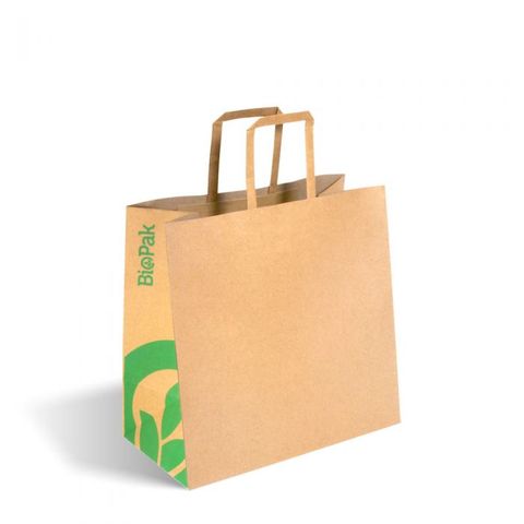 BIOPAK Small Flat Handle Kraft Paper Carry Bag - 275(L)x280(W)x150mm (G) - ( BAG-TA-F-SMALL ) - 250 - CTN