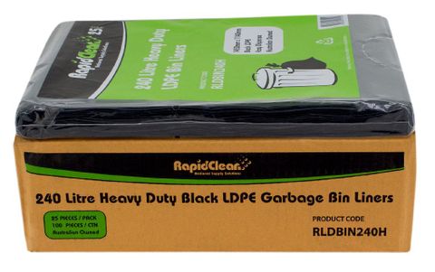 RAPID CLEAN 240L BLACK GARBAGE (WHEELIE) HEAVY DUTY BIN LINERS - 100-CTN