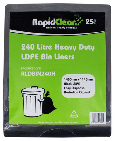 RAPID CLEAN 240L  BLACK GARBAGE (WHEELIE) HEAVY DUTY BIN LINERS - 25-PKT