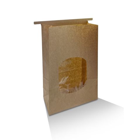GREENMARK LARGE KRAFT BROWN TIN-TIE BAG WITH WINDOW - 155mm x 70mm x 242mm - 50 - SLV ( TTBWL )