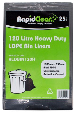 RAPID CLEAN 120L BLACK HEAVY DUTY BIN LINERS - R-LDBIN120H - 25 - PKT