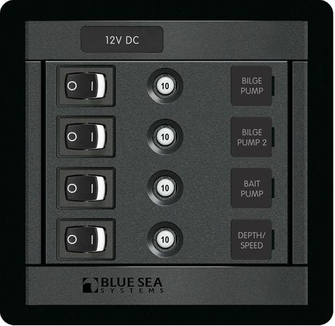 Blue Sea 360 Panel with Rocker Switch and Push Button Circuit Breakers