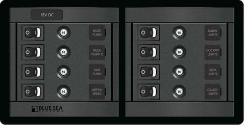 Blue Sea 360 Panel with Rocker Switch and Push Button Circuit Breakers