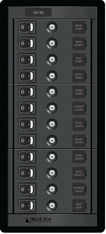 Blue Sea 360 Panel with Rocker Switch and Push Button Circuit Breakers
