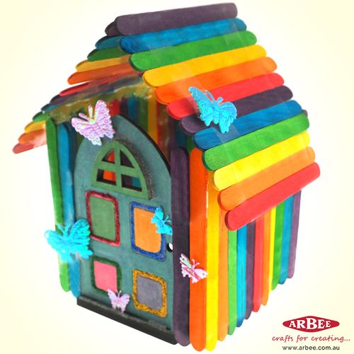 Rainbow house made of craft sticks