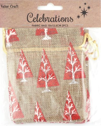 Xmas Fabric Bags 10x12.5cm Red Tree 2Pcs