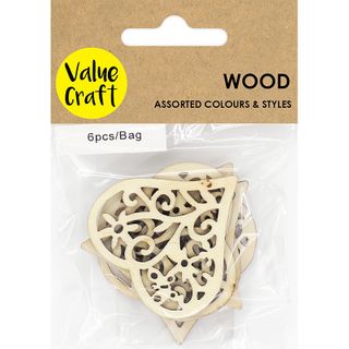 WOOD FLORAL HEARTS NATURAL 6PCS