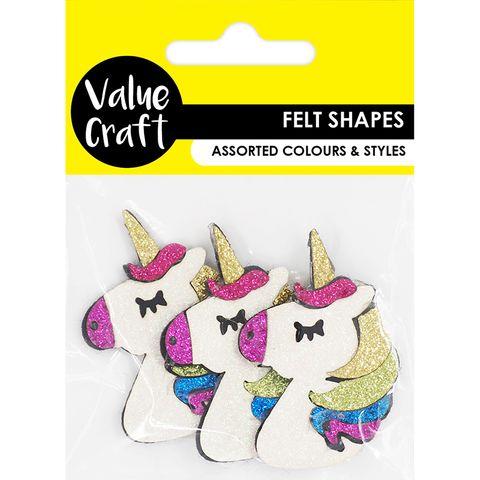 FELT SHAPE W GLITTER UNICORN 3PC