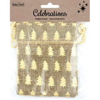 XMAS BAG JUTE 10X12.5CM NAT-GLD TRE 2PC