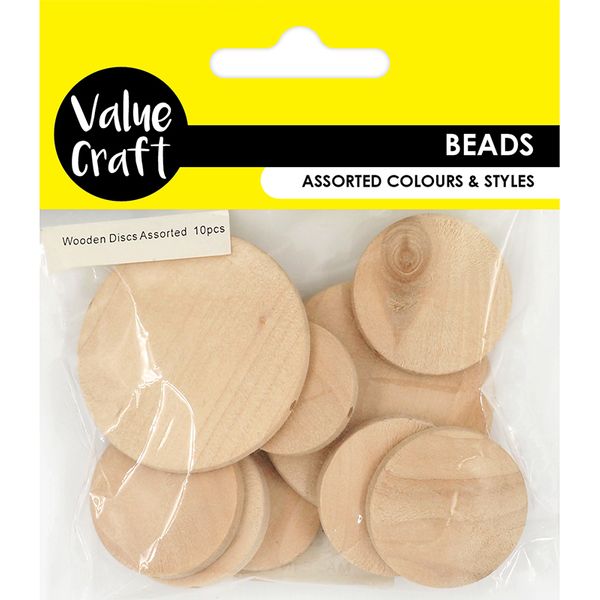 BEAD WOOD DISCS ASST NATURAL 10PC