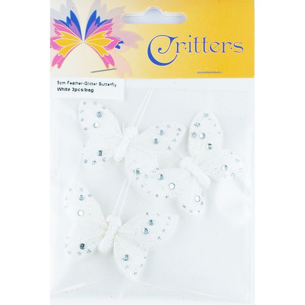 Butterfly Feather Glitter 5cm White 3Pcs