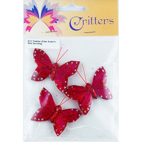 Butterfly Feather Glitter 5cm Red 3Pcs