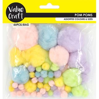 PLUSH PASTEL POM POMS ASST SIZES 60PCS