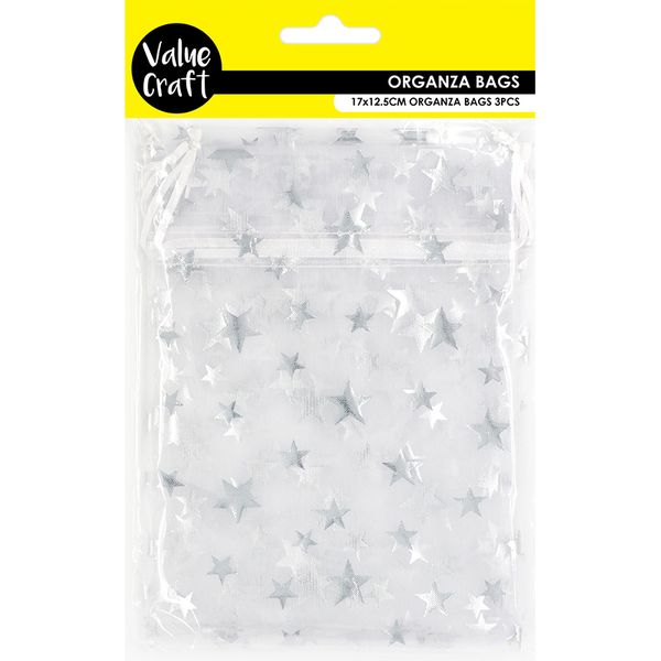 ORGANZA BAG 17X12.5CM SILVER STAR 3PCS