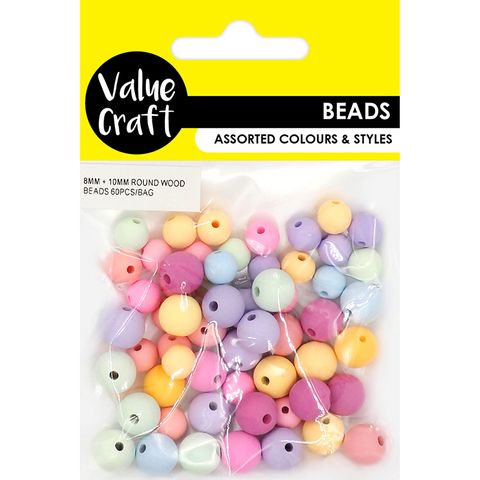 WOOD PASTEL ROUND BEADS 2 SIZES 60PCS