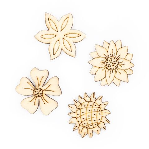 WOOD SHAPES ENGRAVE FLORAL 4PCS