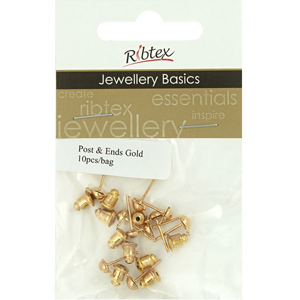 Earring Post And Ends 10mm Gold 10Sets