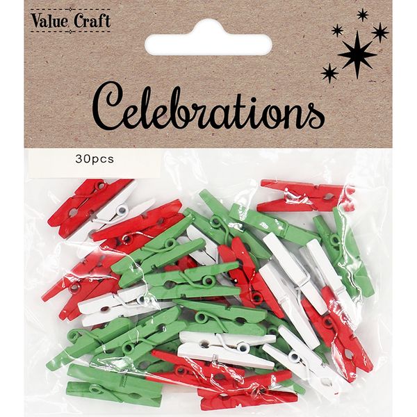 XMAS WOODEN PEGS RED WHITE GREEN 30PC