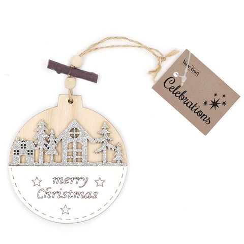 XMAS WOOD ORNAMENT BAUBLE SILVER 1PC