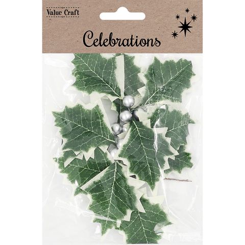 XMAS LARGE HOLLY LEAF SILVER BERRY 4PCS