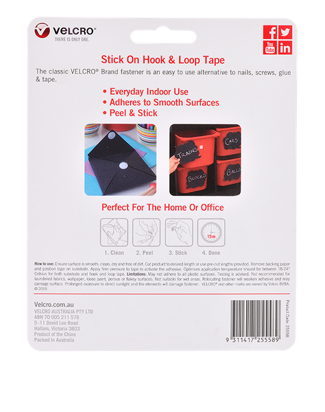 Velcro StickOn Hook Loop Rect 25mmx50mm