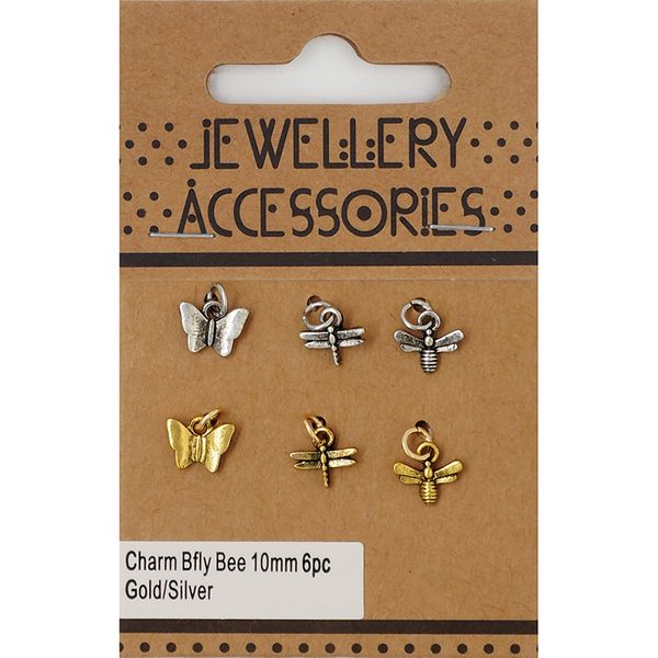 CHARM BFLY BEE 10MM 6PC GOLD/SILVER