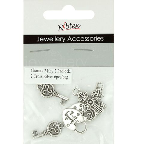 Charm 2XKeys Crosses Padlock Silver 6Pcs