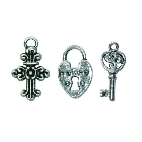 Charm 2XKeys Crosses Padlock Silver 6Pcs