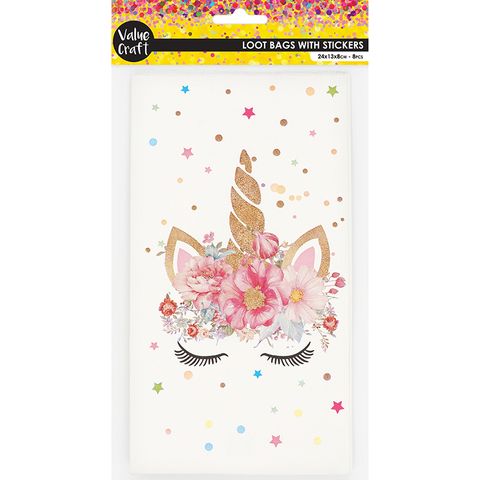 PAPER LOOT BAGS W STICKERS UNICORN 8PCS