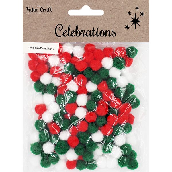 XMAS POM POMS 10MM RED GREEN WHITE 200PC