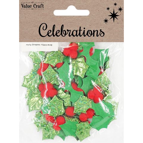 XMAS HOLLY W POM POM BERRY 15PC