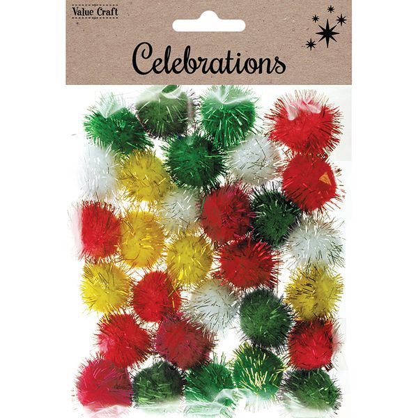 XMAS POM POMS TRADITIONAL W FOIL 30PCS