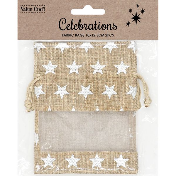 XMAS BAG JUTE CLEAR 10x12.5CM STARS 2PC