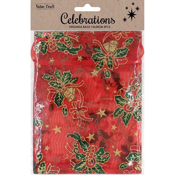 XMAS BAG ORGANZA 15x20CM RED HOLY 2PC