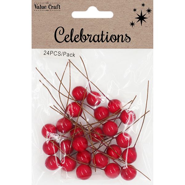 XMAS HOLLY BERRIES RED 24PCS