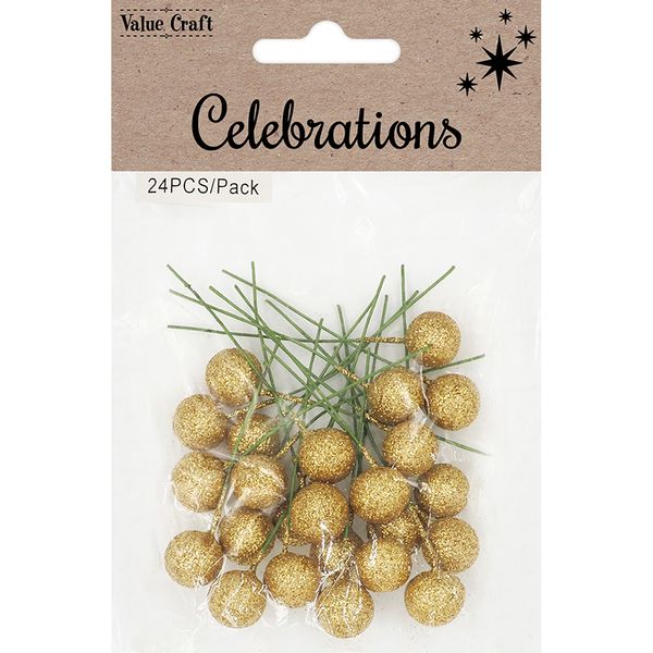 XMAS HOLLY BERRIES GOLD 24PCS