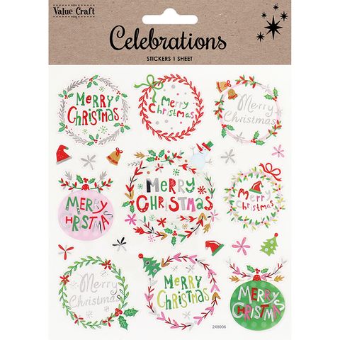 XMAS FOIL STICKERS MERRY XMAS WREATH 1SH