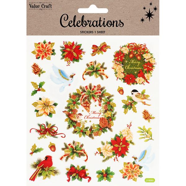 XMAS GLITTER STICKERS HOLLY WREATHS 1SH