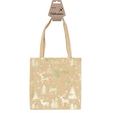 XMAS JUTE TOTE BAG 20X20CM GOLD DEER 1PC