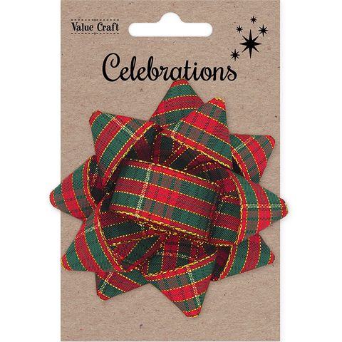 XMAS BOW 9.5CM GOLD TARTAN 1PC