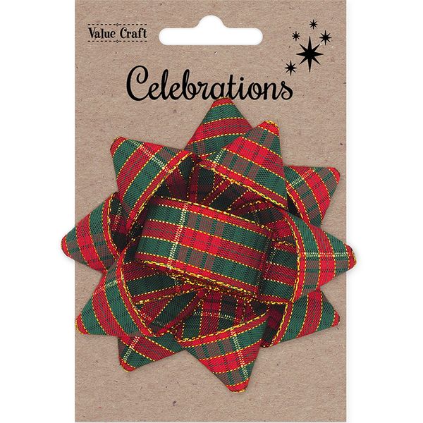 XMAS BOW 9.5CM GOLD TARTAN 1PC